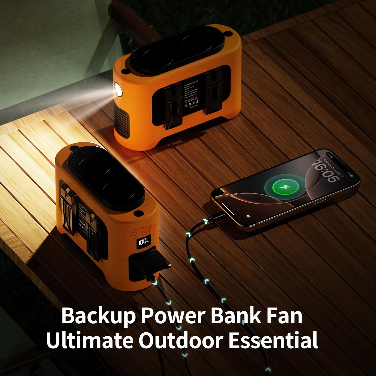 Image showing the fan acting as a power bank, charging a smartphone, with its LED light illuminated.