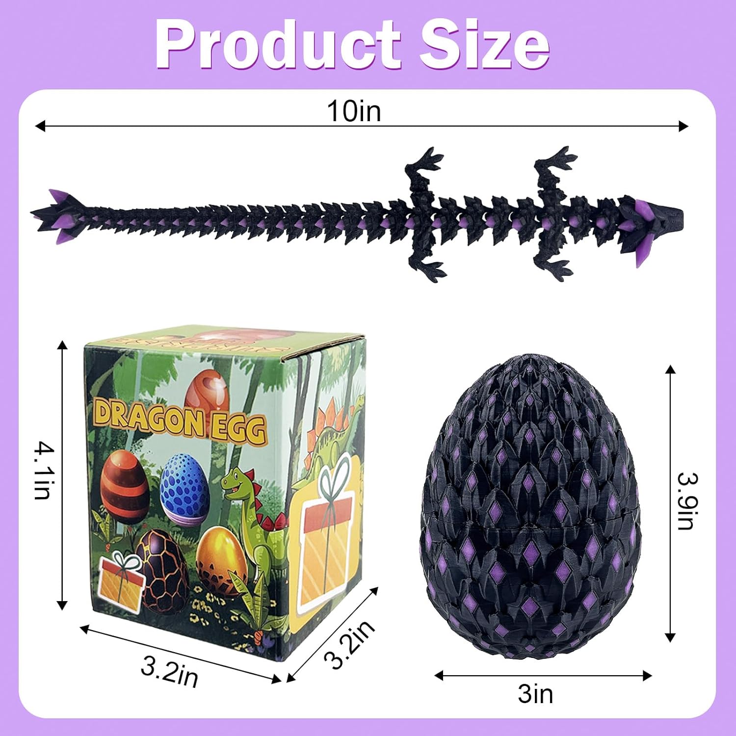 3D Printed Glow in The Dark Dragon Eggs with Dragon Inside ， Easter Basket Stuffers Articulated Animal Mystery Easter Egg Set ，Unique Cute Easter Basket Essentials for Adults Kids(Purple)
