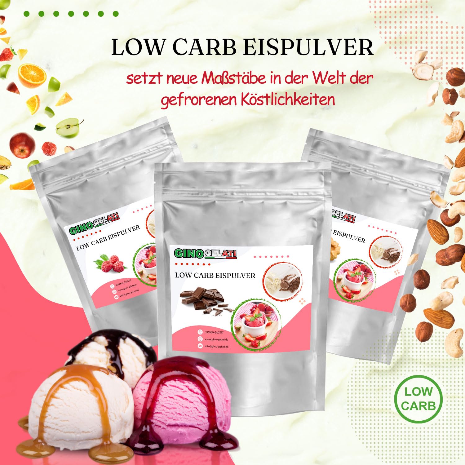 Gino Gelati Low Carb Eis Pulver Vegan Zucker-, laktosefrei mit fruchtigem Geschmack, schnelle und einfache Zubereitung, Made in Germany, Herstellung ohne Maschine (10 Kg, Mandarine)