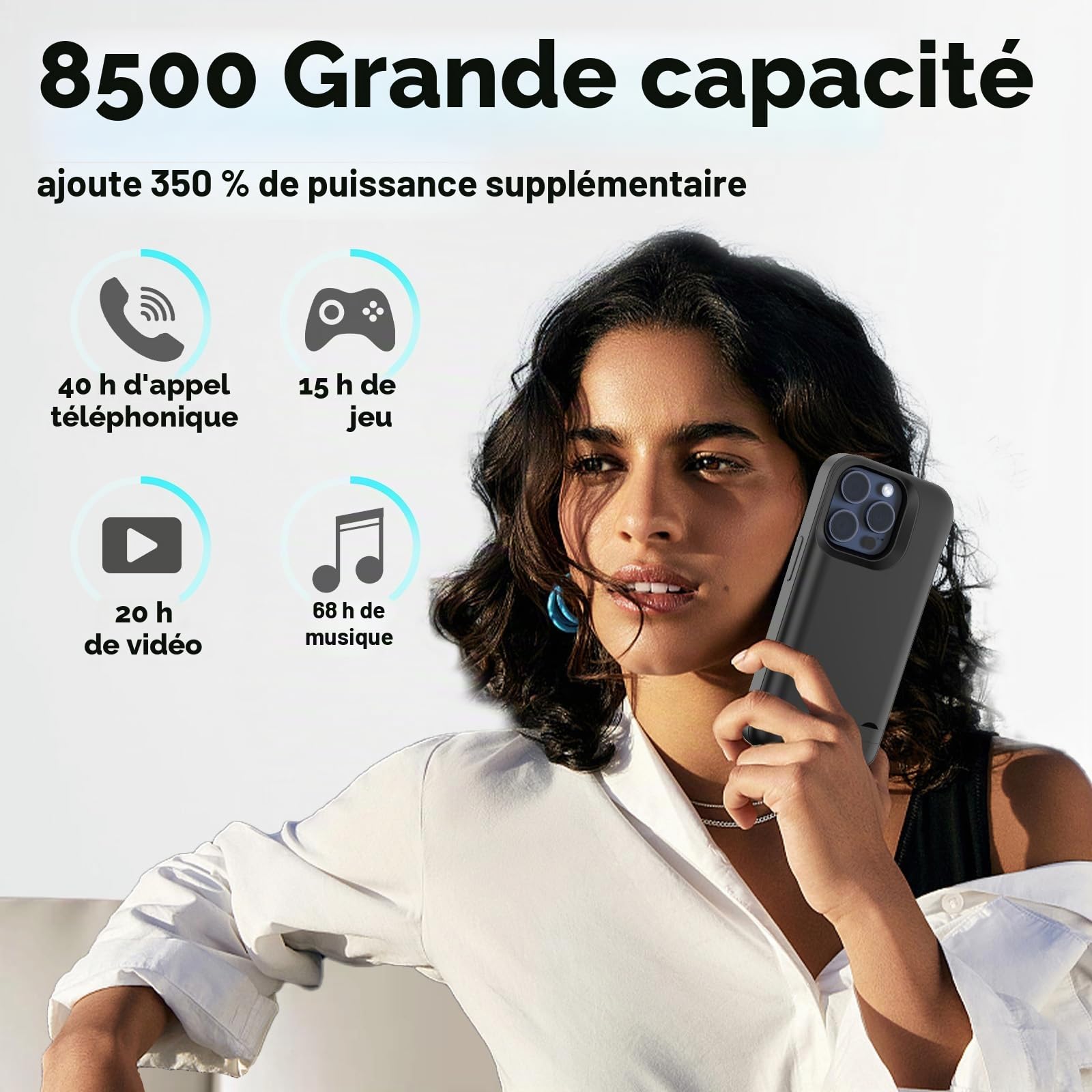 Coque Batterie pour iPhone 15 Pro (6,1"), 8500 mAh, Coque de Charge Étendue, Étuide Protection Portable avec Batterie, Béquille Pliable - Noir