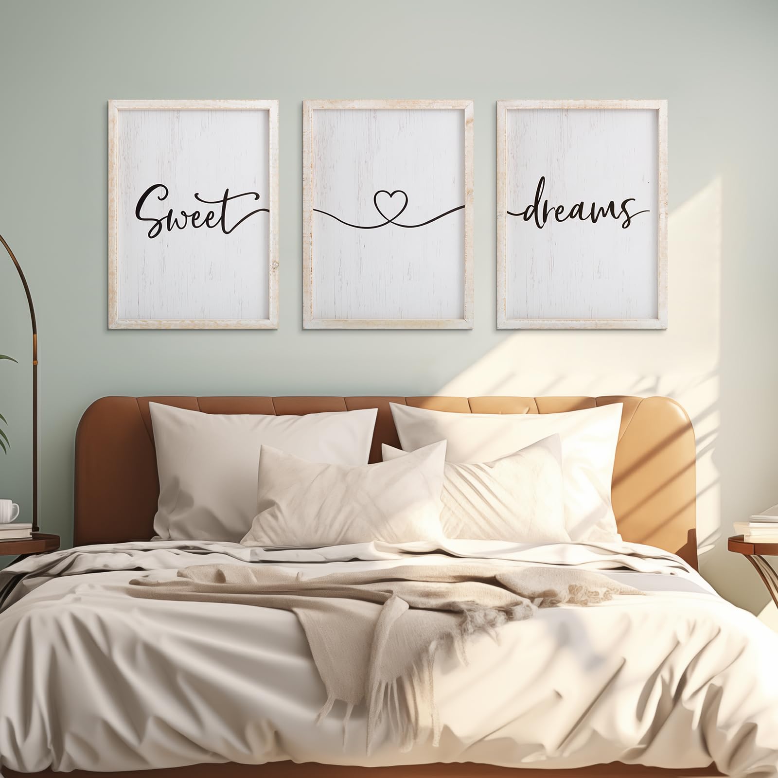 Sweet Dreams Wall Decor Above Bed 16''Ã—12'' Set of 3 Farmhouse Bedroom Decor Wood Guest Room Decor Framed Wall Art (white frame)