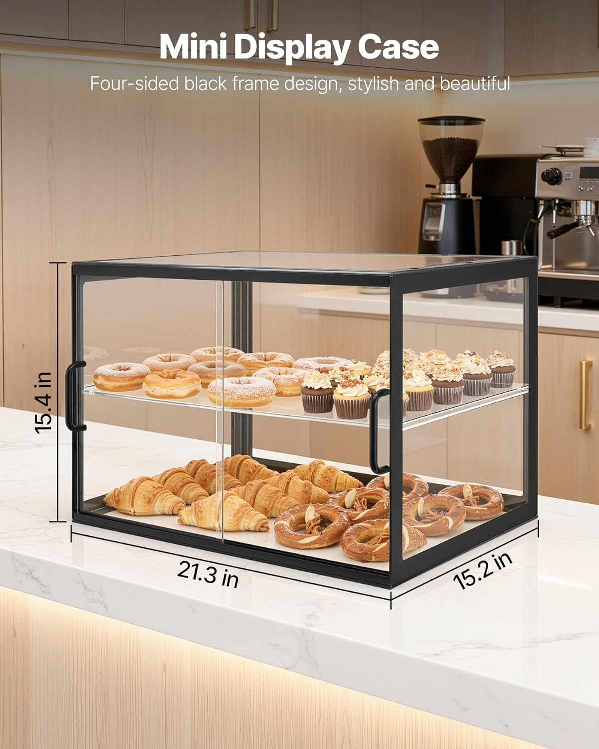 VEVOR Bakery Display Case, 2-Tier Commercial Countertop Pastry Display Case, Clear Acrylic Bread Box for Kitchen, Party Cake Cabinet with Sliding Door for Cookie Dessert Donut, 21.7" x 15.2" x 15.4"
