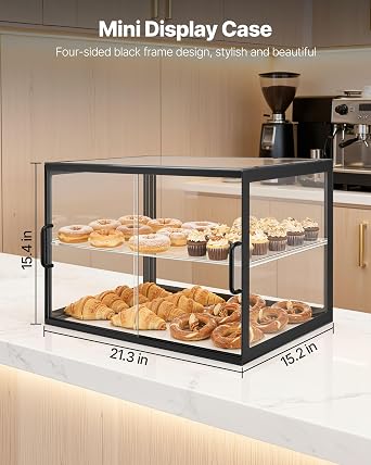 VEVOR Bakery Display Case, 2-Tier Commercial Countertop Pastry Display Case, Clear Acrylic Bread Box for Kitchen, Party Cake Cabinet with Sliding Door for Cookie Dessert Donut, 21.7 x 15.2 x 15.4