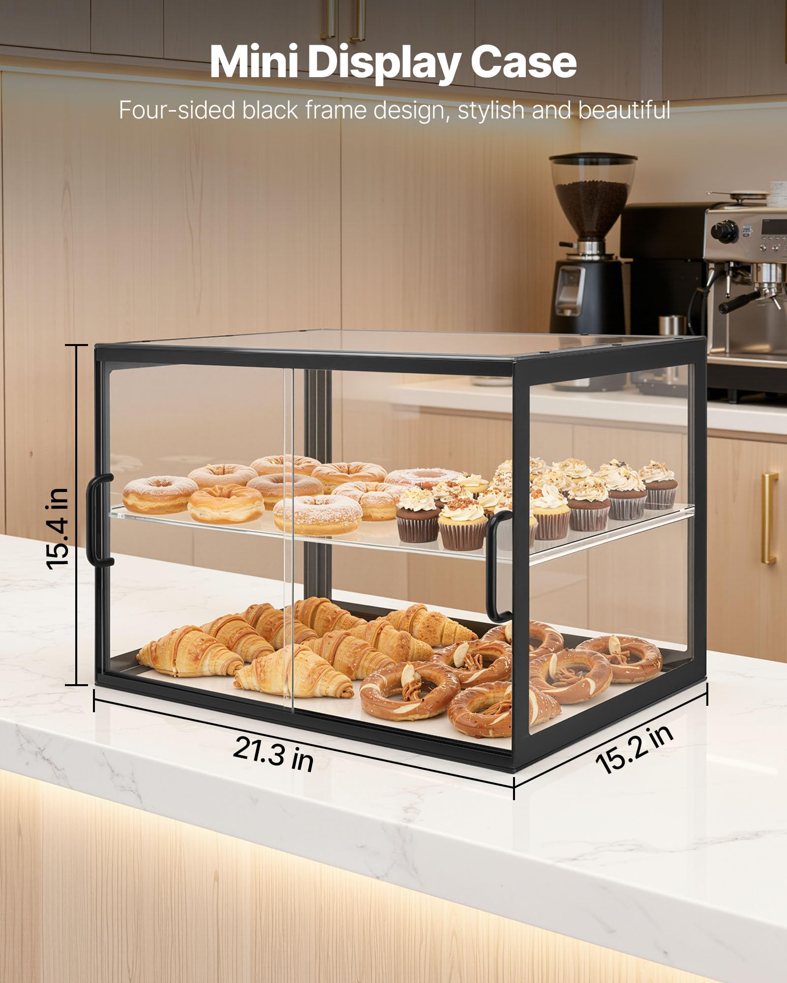 VEVOR Gebäckvitrine 2-stöckig, Gewerbliche Bäckereivitrine aus Transparentem Acryl, Thekenvitrine mit Schiebetür & Abnehmbarer Trennwand für Kekse, Desserts und Donuts, 550 x 385 x 390 mm Schwarz