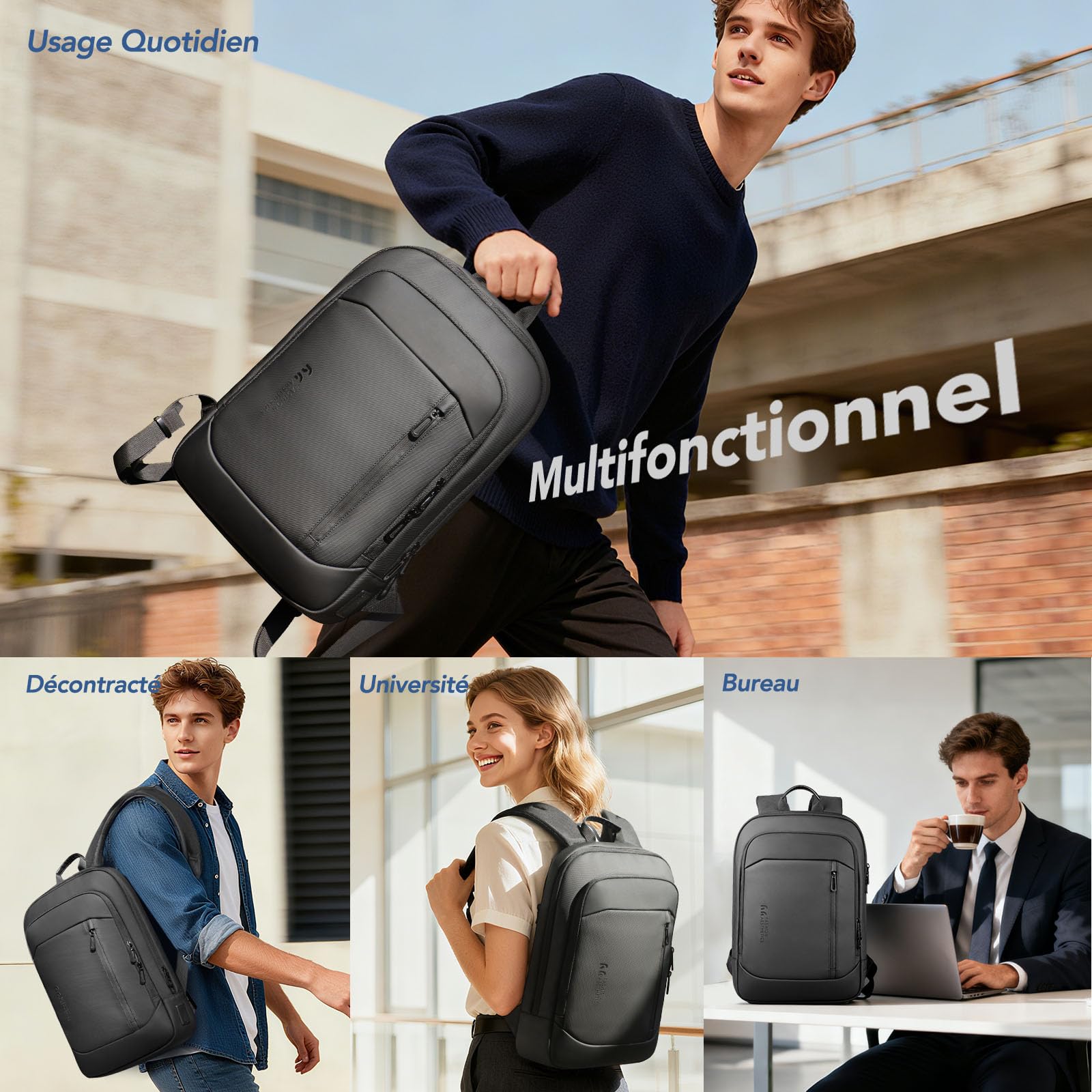 Sac à Dos Ordinateur Portable Homme 15,6 Pouces, Ultra Fin et Léger, Imperméable avec Ports USB A & C, Sac Business Antivol pour Travail, Bureau, Voyage et Déplacements – Noir