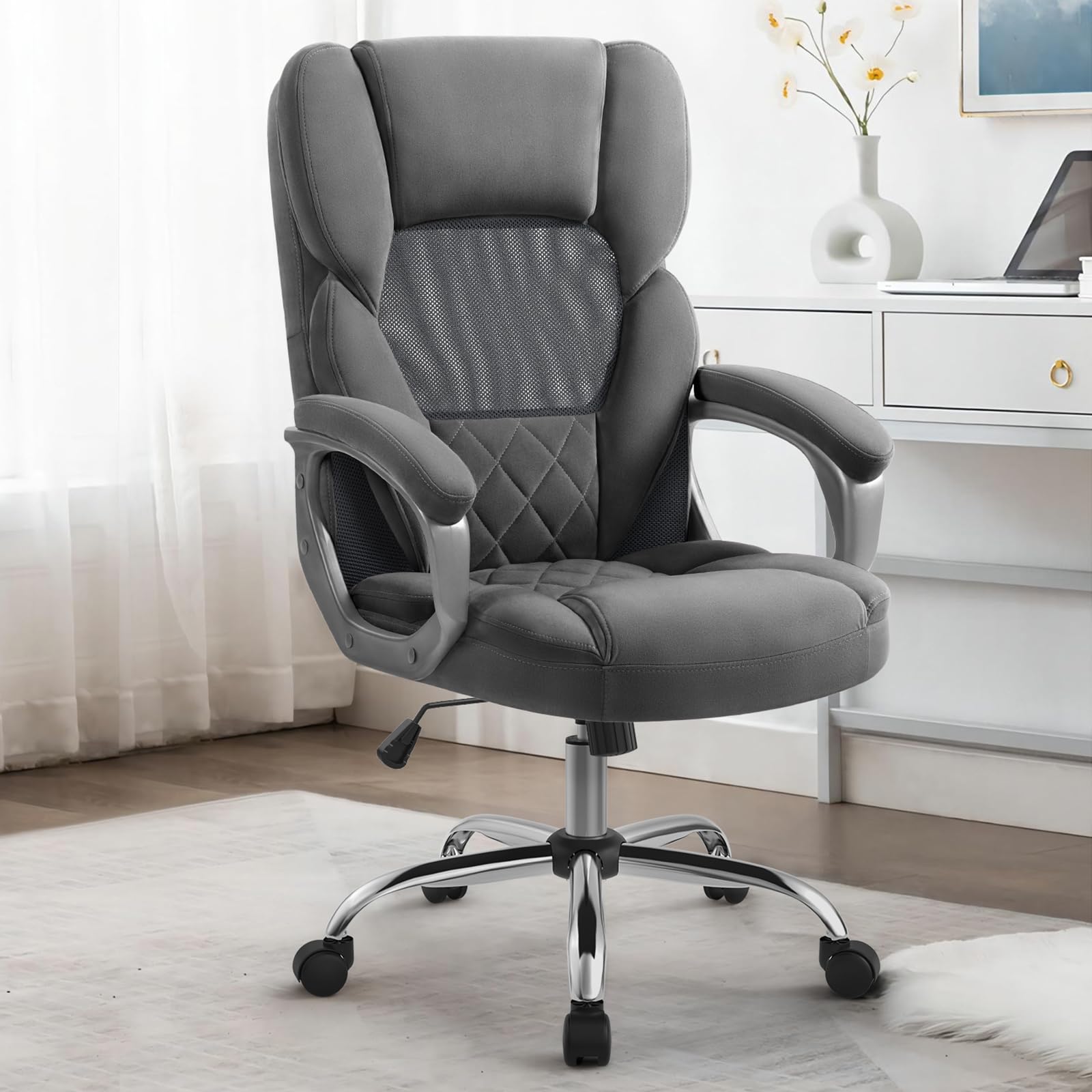 SEATZONEHome Office Desk Chairs with Wheels, Big and Tall Ergonomic Office Chair with Flip Arm, Velvet Comfortable Office Chair Back Support Mesh, Grey