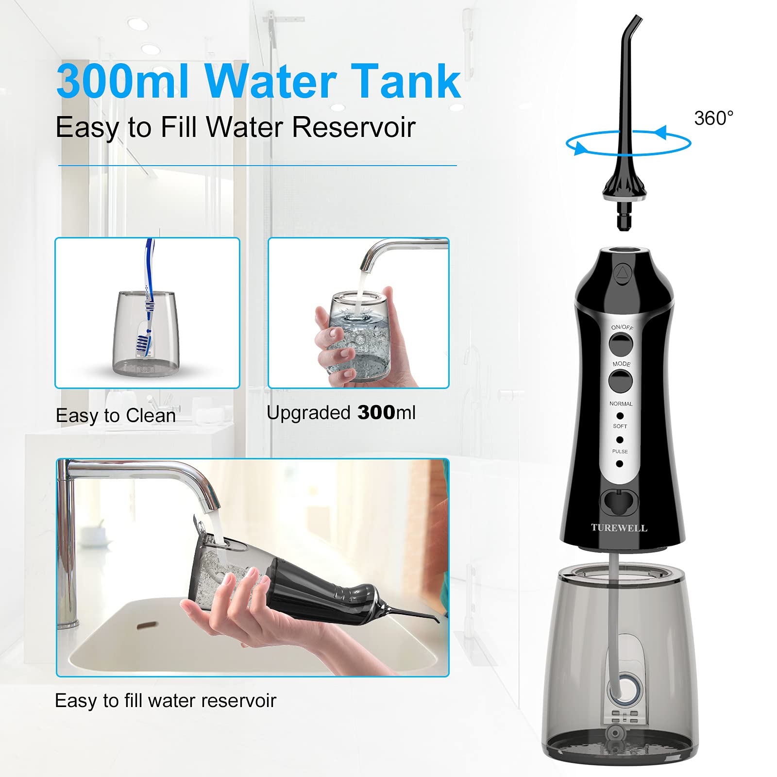 TUREWELL FC1591 Idropulsore Dentale Portatile 5 Ugelli e 3 Modalità, IPX7 Impermeabile, 300ML Irrigatore Dentale per La Casa e I Viaggi