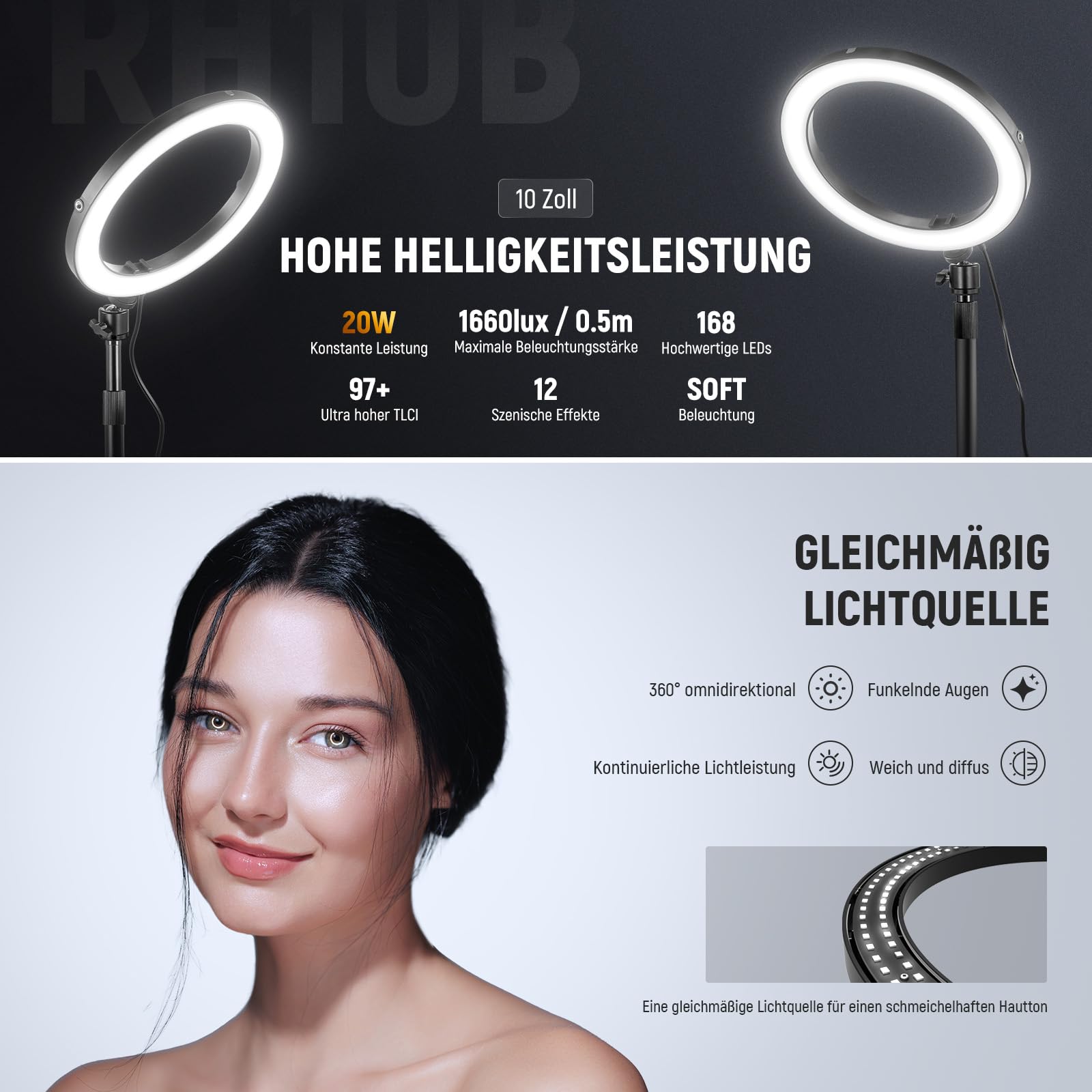 NEEWER 10" 20W LED Ringlicht mit Schreibtischständer Telefonhalterung kompatibel mit iPhone Laptop zweifarbig 2900K – 7000K USB C PD Eingang CRI97+ 1660LX/0,5m Selfie Make up TikTok Videolicht RH10B