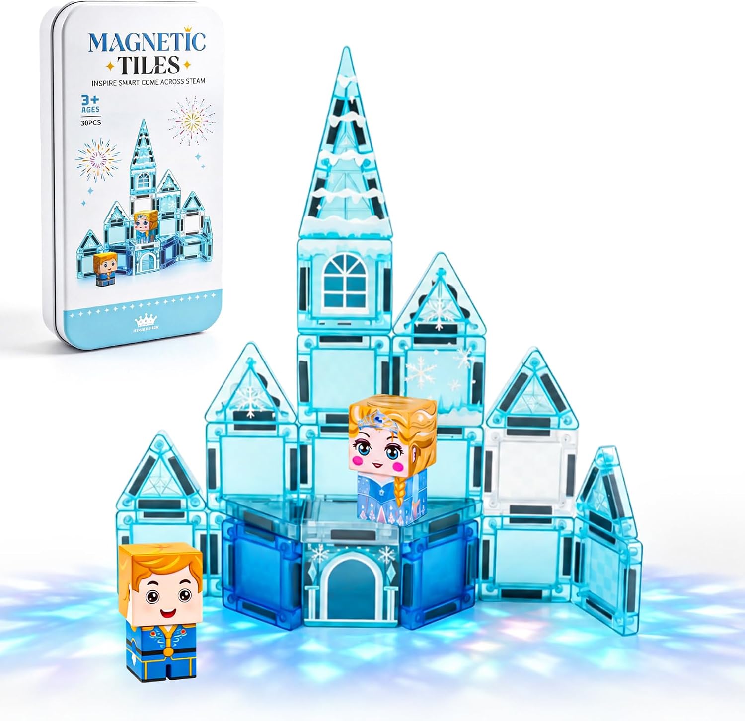 Mini Magnetic Tiles 30PCS Ice Castle Building Set for Kids Ages 3+ | travel friendly,ice castle magnetic tiles, mini 30pcs set, safe abs, strong magnets, stem pretend play toy for kids 3+