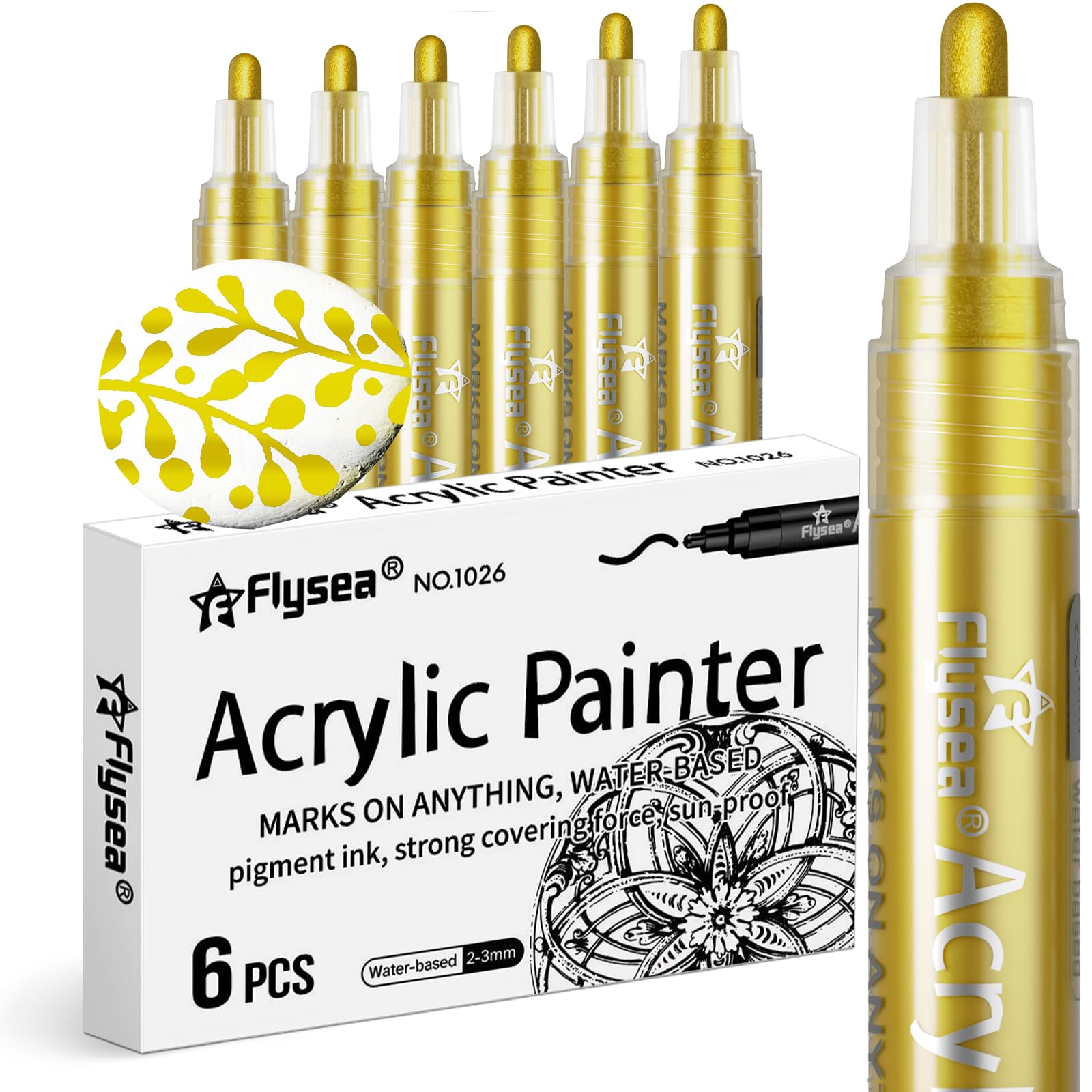 Alitastro Acrylic Paint Pens Waterproof Markers 6 Permanent Marker Pens Acrylic Pens for Rock Painting Glass Stone Ceramic Metal Fabric Pebble Painting pens Craft Supplies (Gold, Medium Tip)