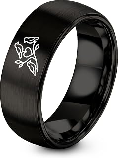 Gift for Parent - Birds Heart Ring - Black Yellow Rose Gold - Anniversary Engagement Wedding - Men Women - Band - 8mm - Personalized Custom Engraving - Tungsten Carbide - Flat Dome Bevel
