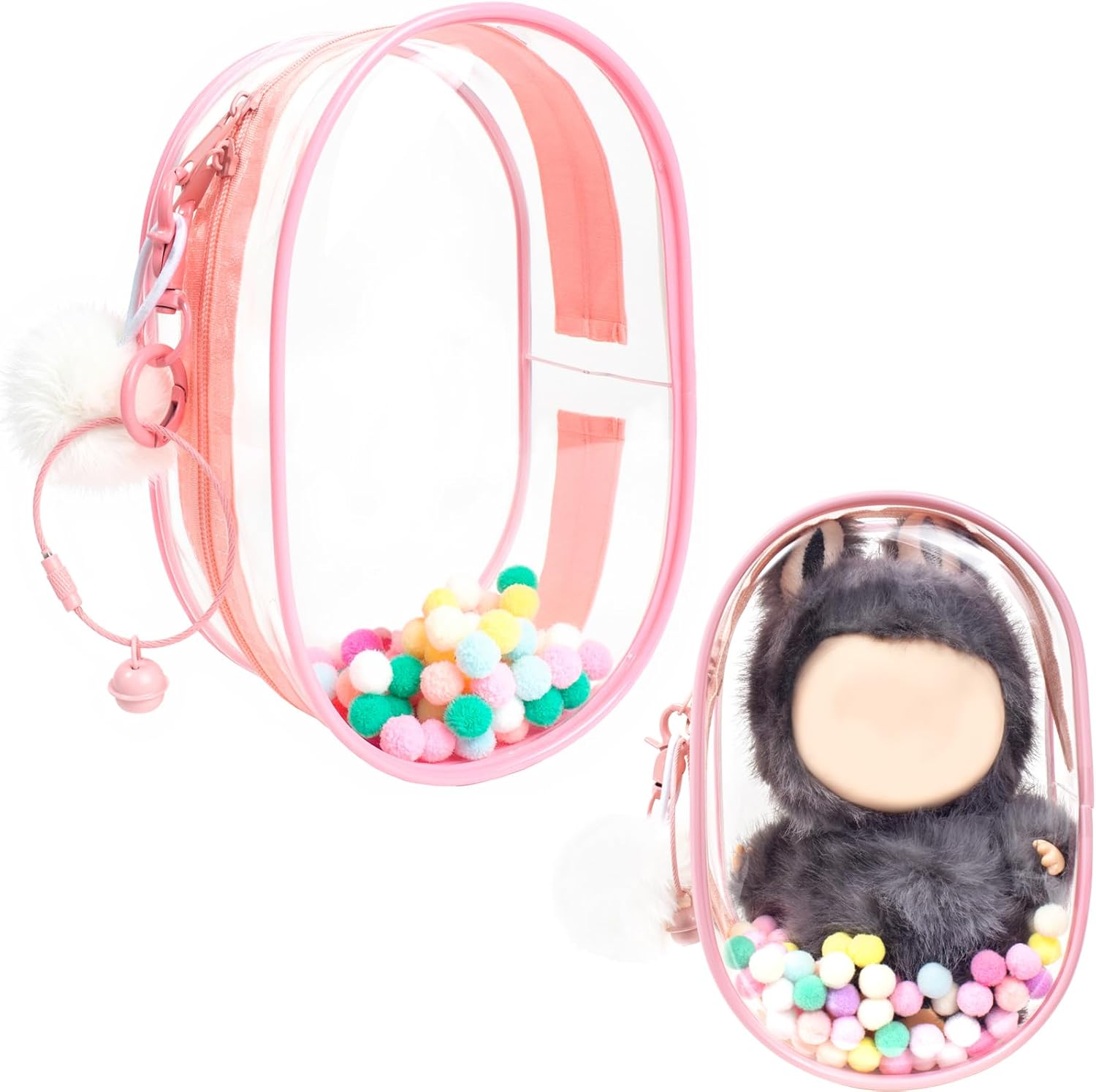 Clear Figure Display Bag with Keychain for Doll, Protective Case for Dolls Compatible with Labubu POP MART Doll, Pouch Keychain for Collectibles with Pompoms Display Storage Box for Doll (Pink)