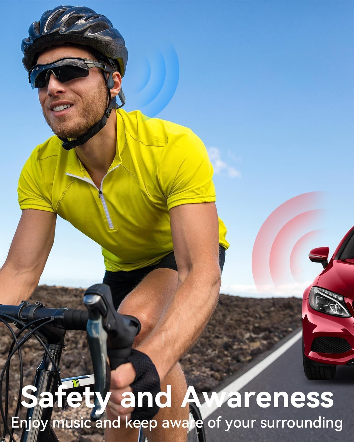 Cyclist wearing open-ear headphones for safety