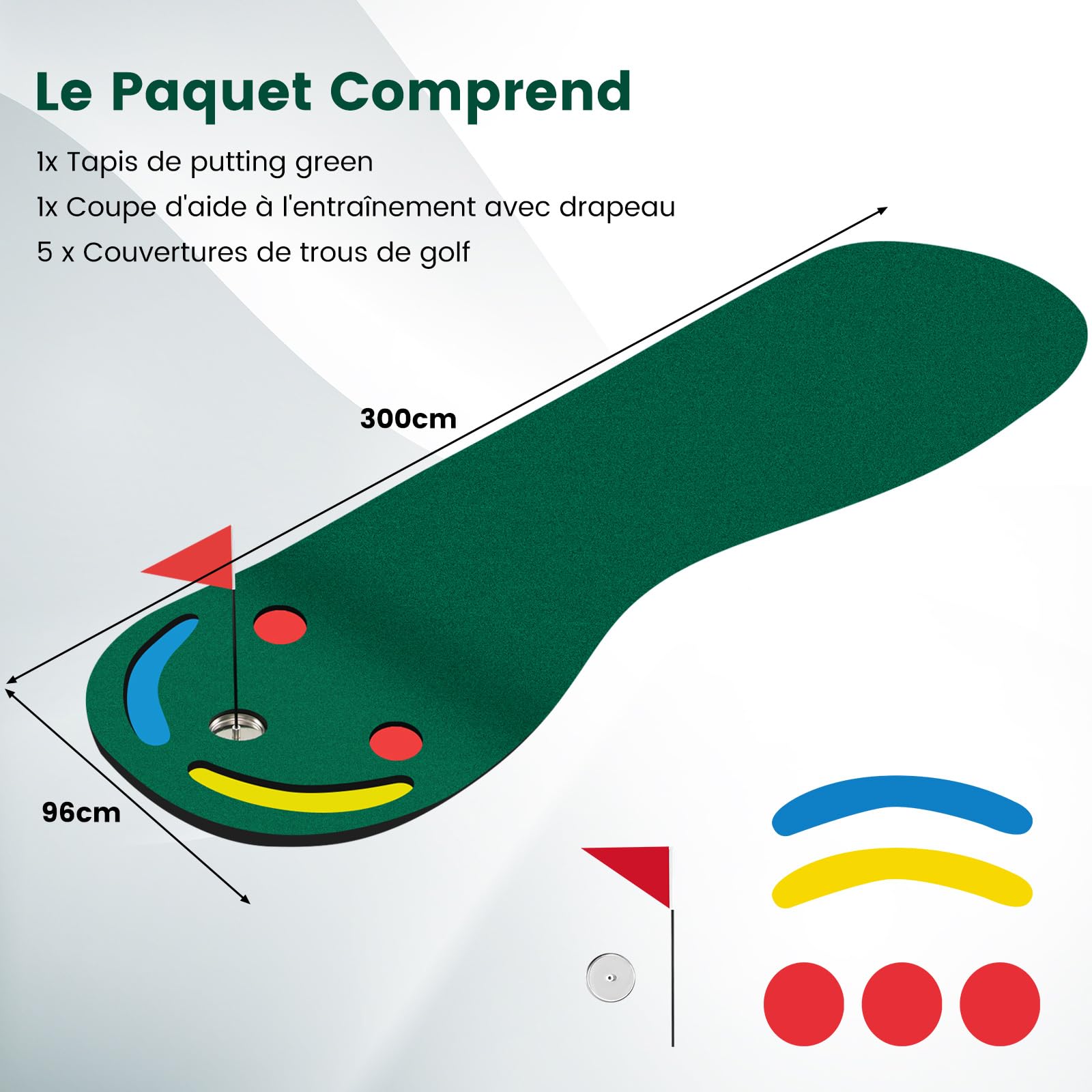 COSTWAY Tapis de Frappe de Golf 300 x 96 cm, Tapis d'Entraînement de Golf par 3 avec 3 Coupelles 1 Drapeau Couvercles de Trou, Green de Putting de Golf pour Intérieur & Extérieur