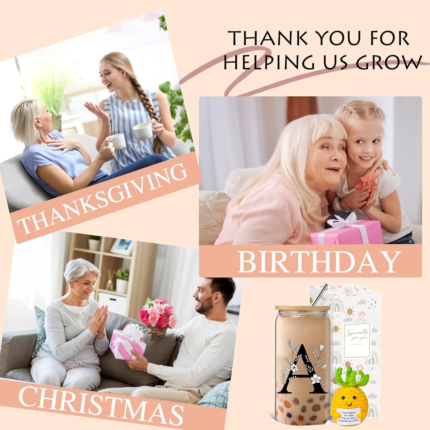 Monogrammed Initial Glass Cup with Lids and Straws, Personalized Gift Set with Doll, 16 Oz Ice Coffee Cup for Women, Birthday Christmas Mothers Day Gift for Her, A - Image 5