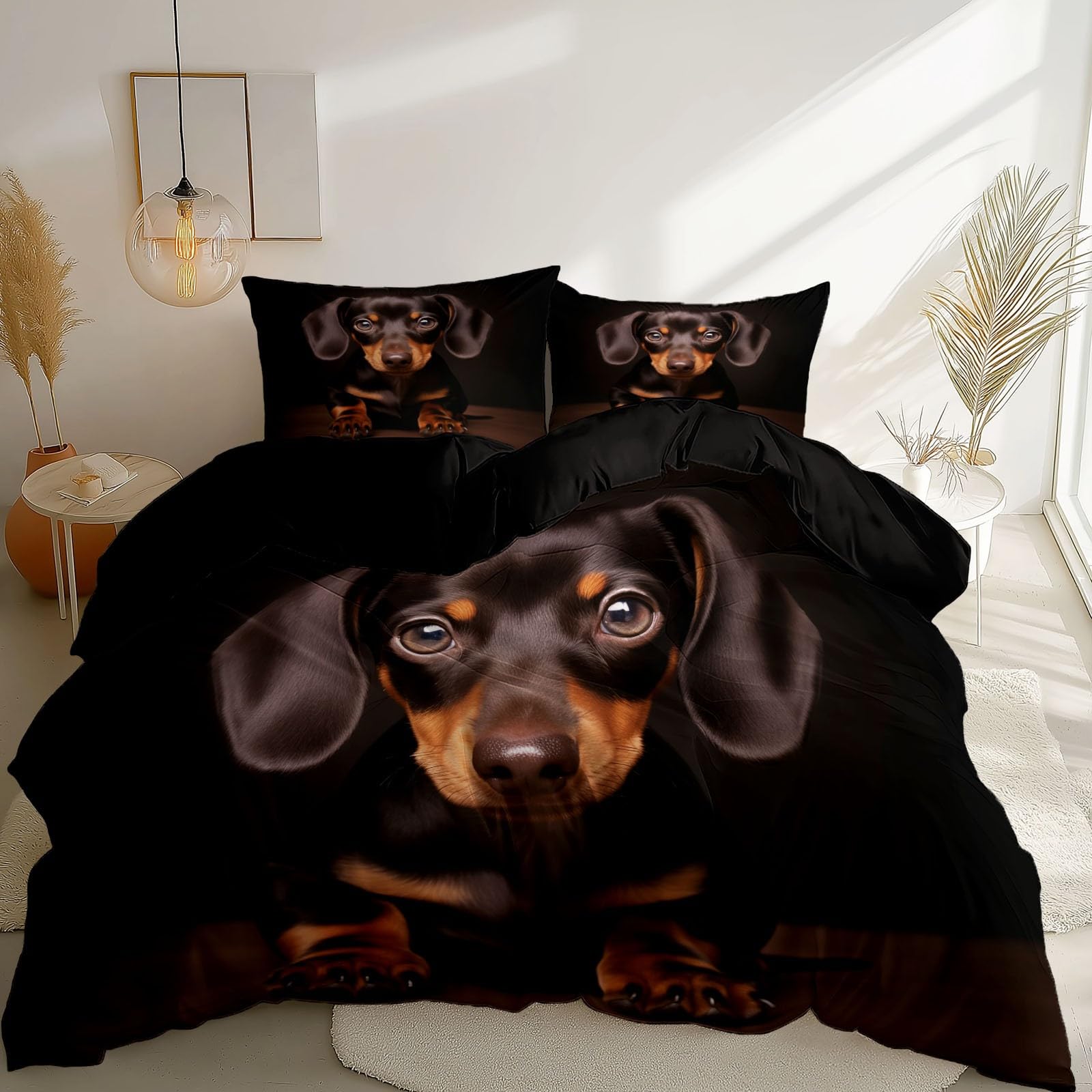 Housse de couette 240x260 cm noire motif teckel avec ses deux taies d'oreiller