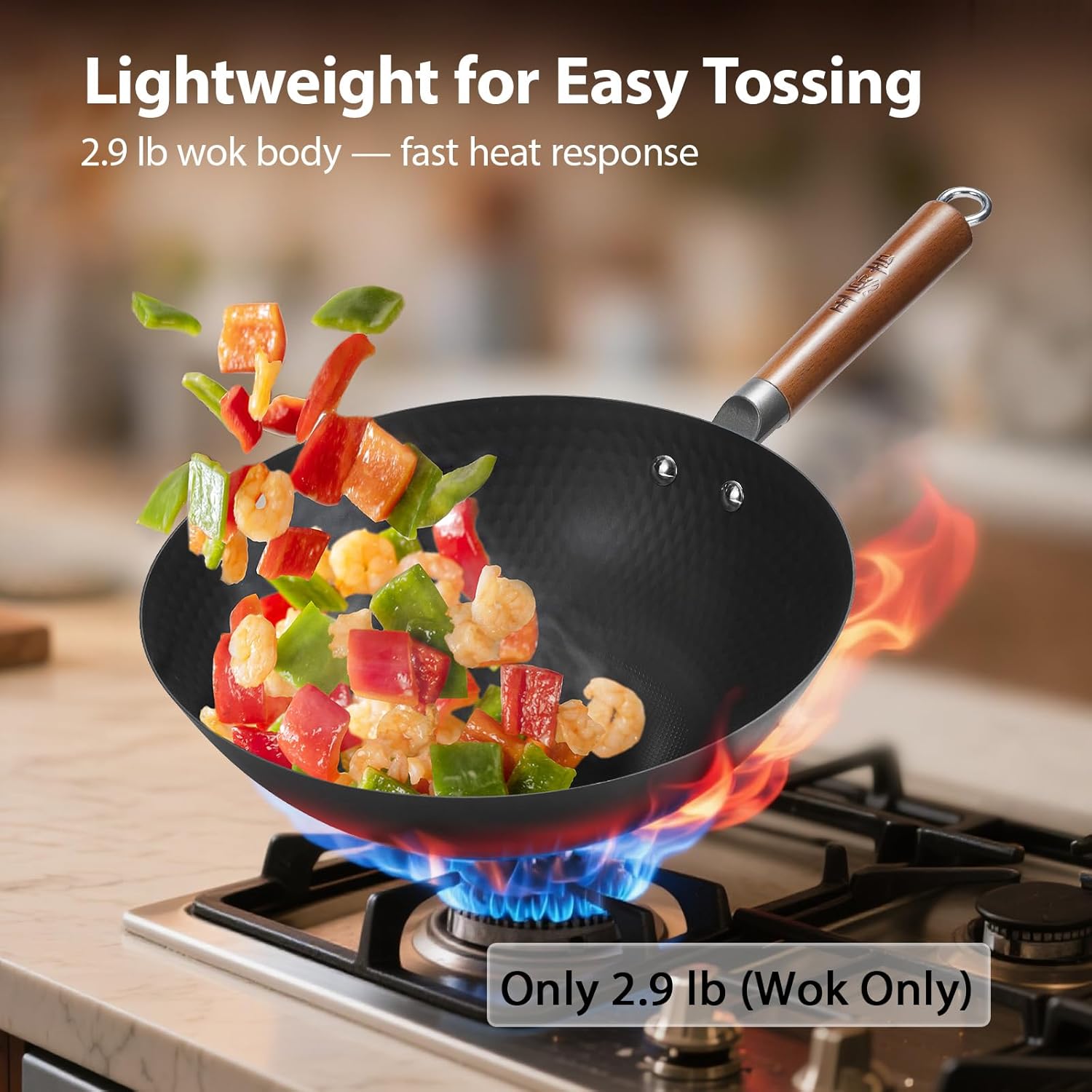 WANGYUANJI Carbon Steel Wok Pan with Lid (12.6"), Ultra-Lightweight 2.9lb Stir Fry Pan for Electric, Induction & Gas Stoves, Pre-Seasoned Flat Bottom Iron Skillet with Spatula, No Chemical Coating