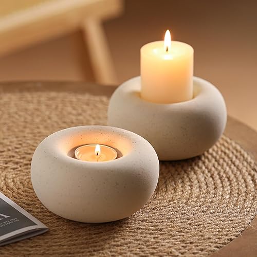Miniatura 3 de Tea Light Candle Holders, Tealight Candle Holder, Larger Ceramic Boho Votive Candleholders in Beige, Farmhouse Rustic Home Table Centerpiece Decor