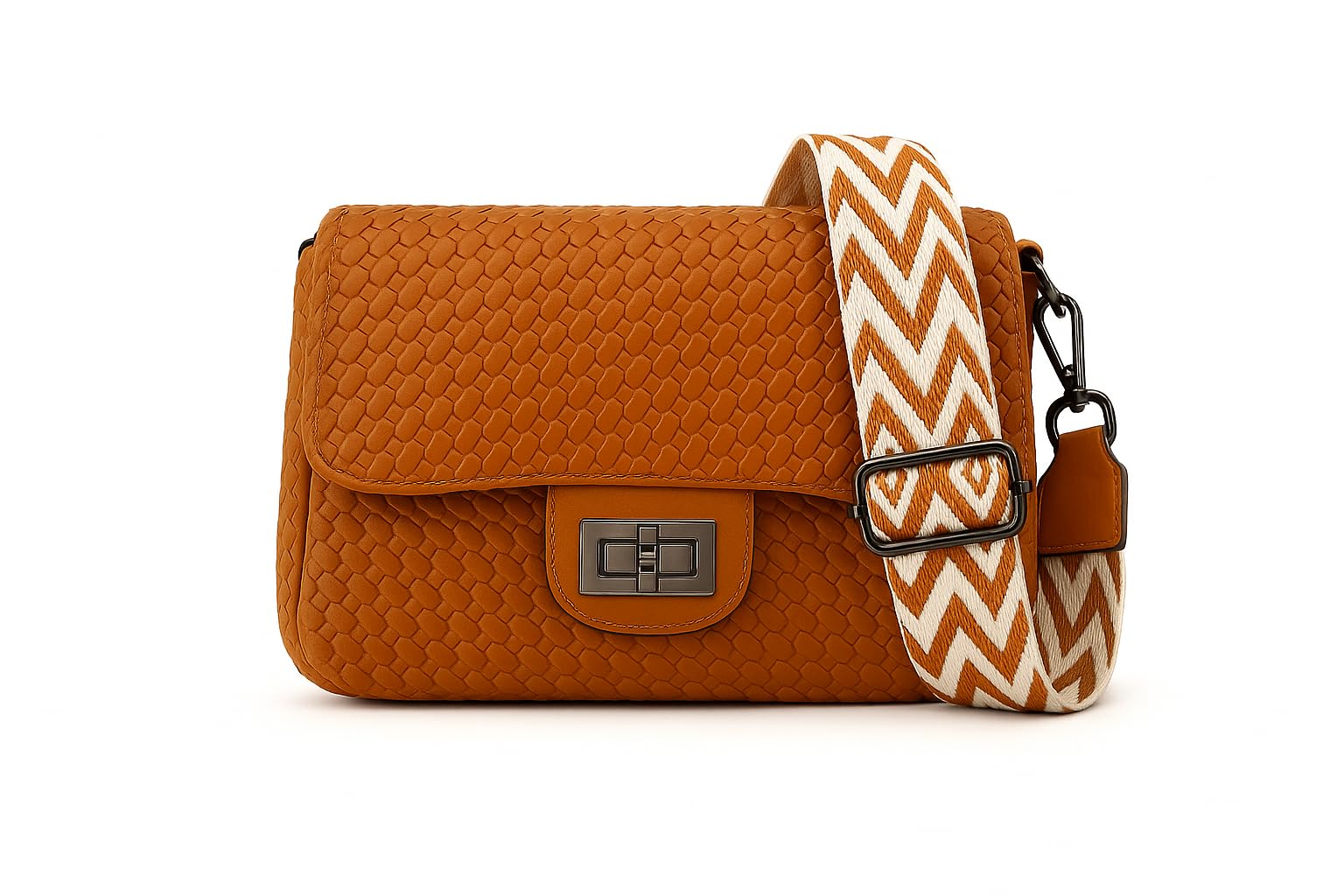 Crossbody Handbag with Chevron Strap, Tan Brown, Woven Pattern, Turn-Lock Closure-image-11