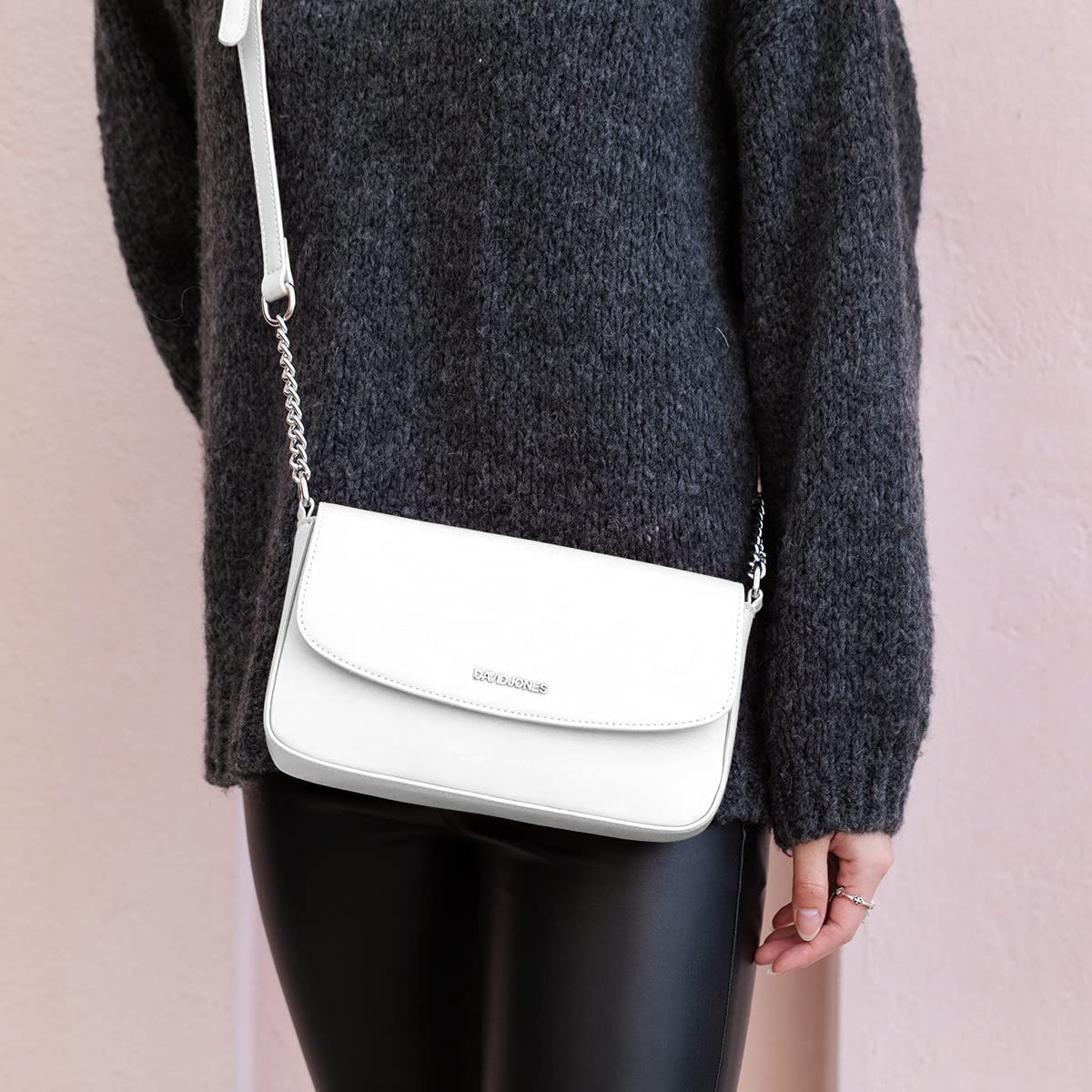 David Jones - Bolso Bandolera Mujer - Bolso de Mano Hombro Pequeño Cadena - Mensajero Cruzado PU Piel Cuero - Crossbody Bag Embrague Billetera Tarjeta Teléfono - Noche Shopping Ciudad - Blanco