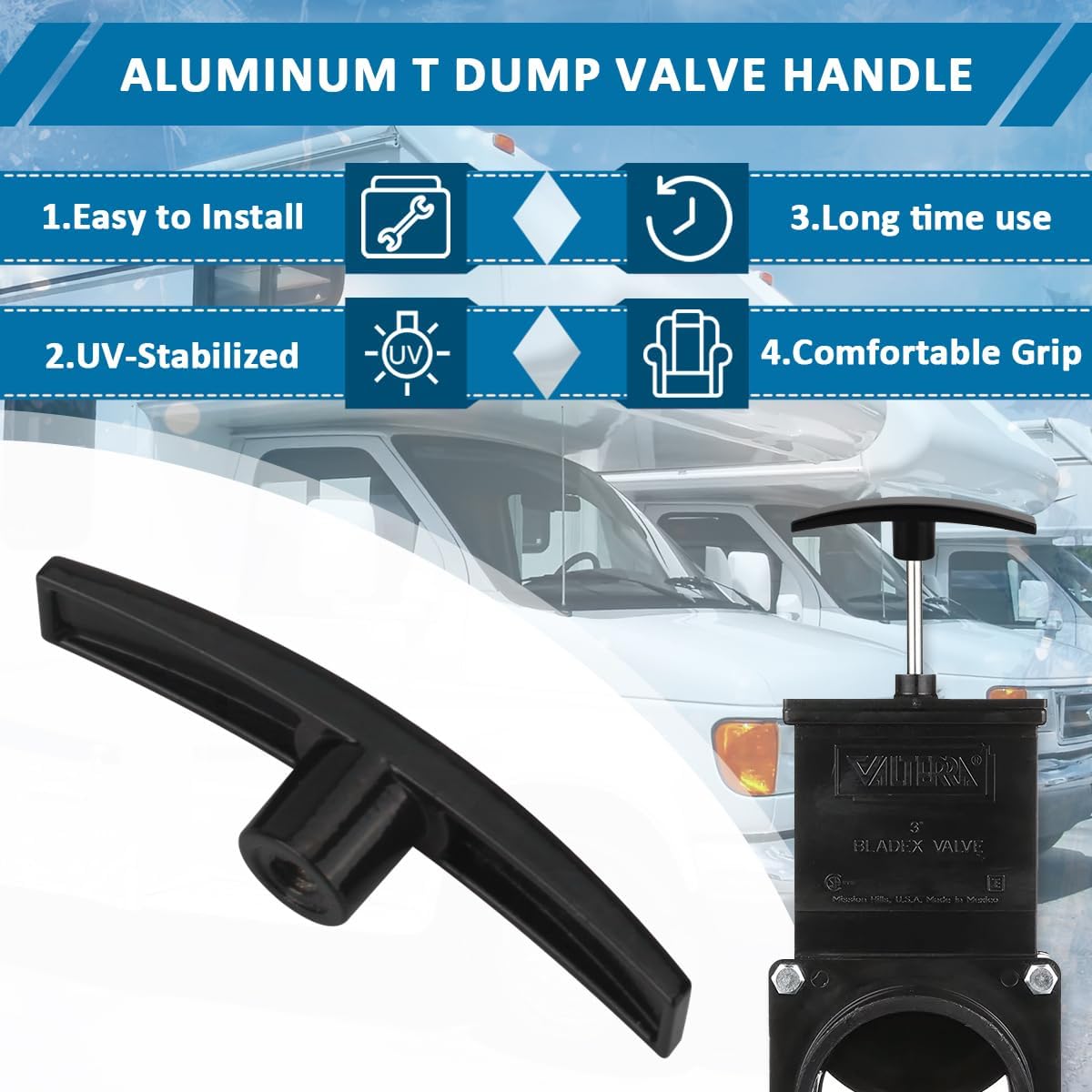 Aluminum RV Dump Valve Handle Black Replacement for Valterra Waste Valve Handle, RV Camper Dump Tank Handle Gate Valves T1003-6MN