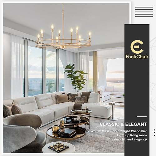 Miniatura 5 de Candelabro dorado de 9 luces para comedor sobre mesa, dormitorio principal, iluminación redonda para sala de estar, vestíbulo, baño, metal sólido,