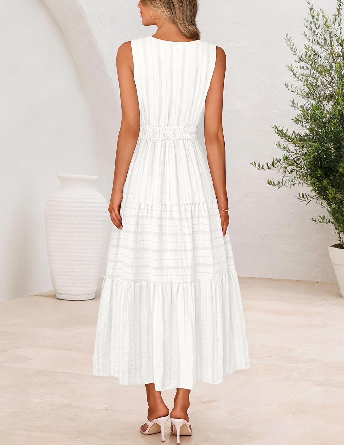 MEROKEETY Spring Summer Midi Dresses for Women 2026 Casual Beach Vacation Sleeveless Boho V Neck Cotton Maxi Dress Pockets - Image 3