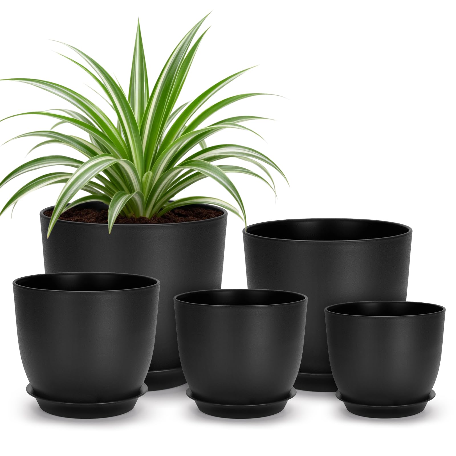 KINGLAKE 5 Pack Plant Pots Indoor, 17.8/16/14/12.5/11.5cm Multi Size Modern Matte Plastic Flower Pots Set with Saucers and Drainage Holes for House Plants, Succulents, Herbs (Black)