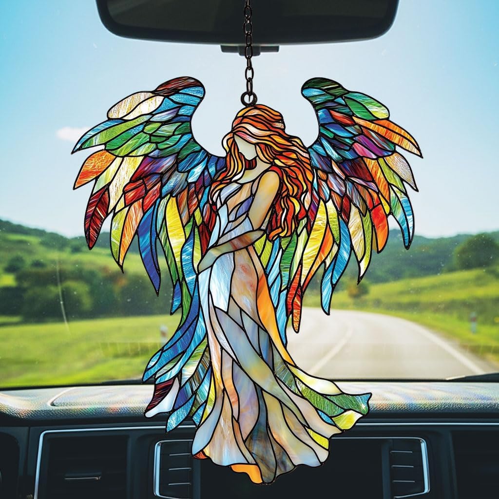 Rainbow Wing Angel Acrylic Suncatcher Stained Glass Effect Window Car Hanging Christmas Ornament Indoor Outdoor Decor Garden Sun Catcher Panel for Angel Lover for Women Mom Grandma