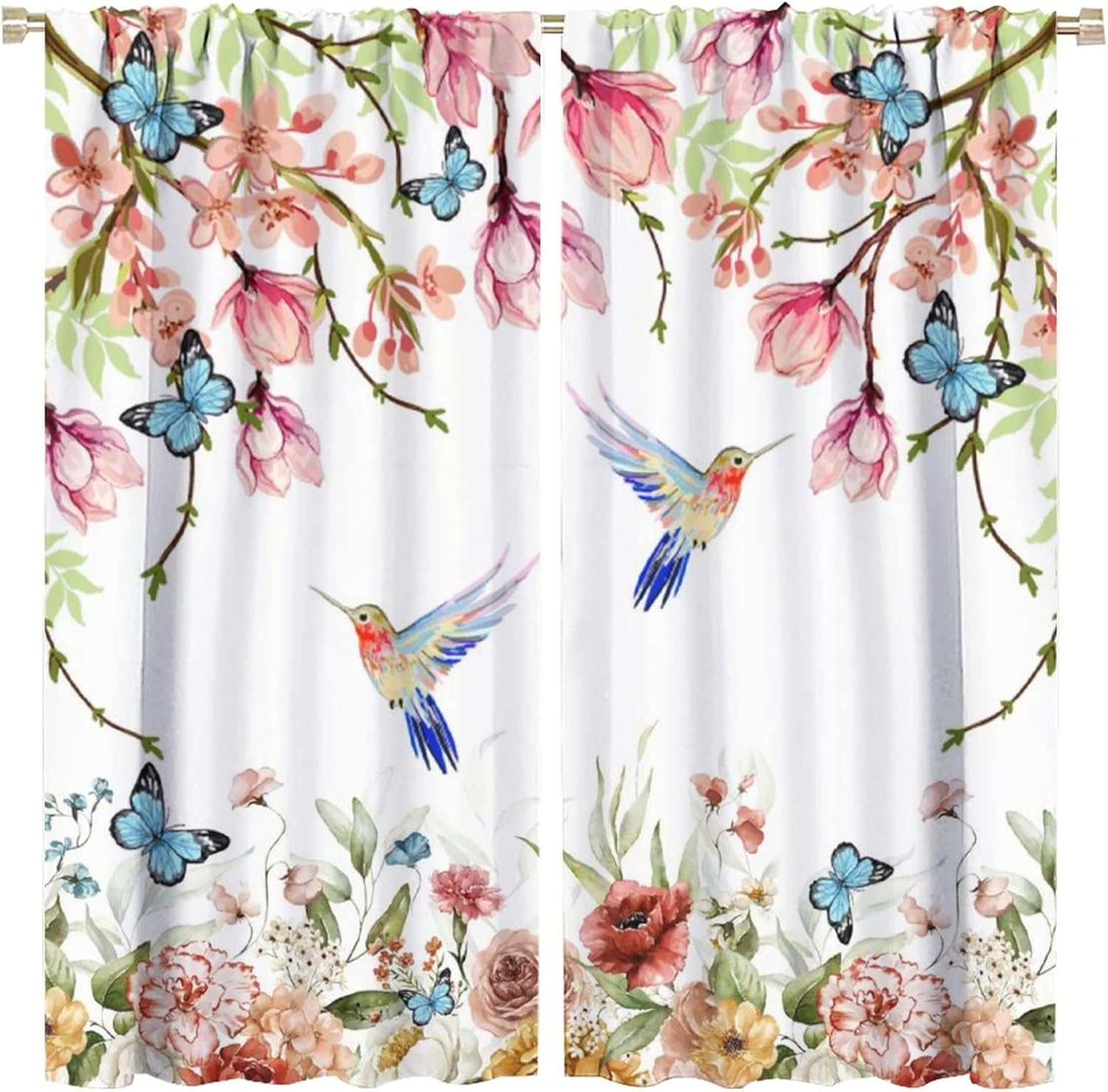 Rustic Farmhouse Hummingbird Curtains for Living Room, Watercolor Colorful Spring Forest Wildflower Bird Butterfly Rod Pocket Thermal Insulated,Window Curtains 63x63in