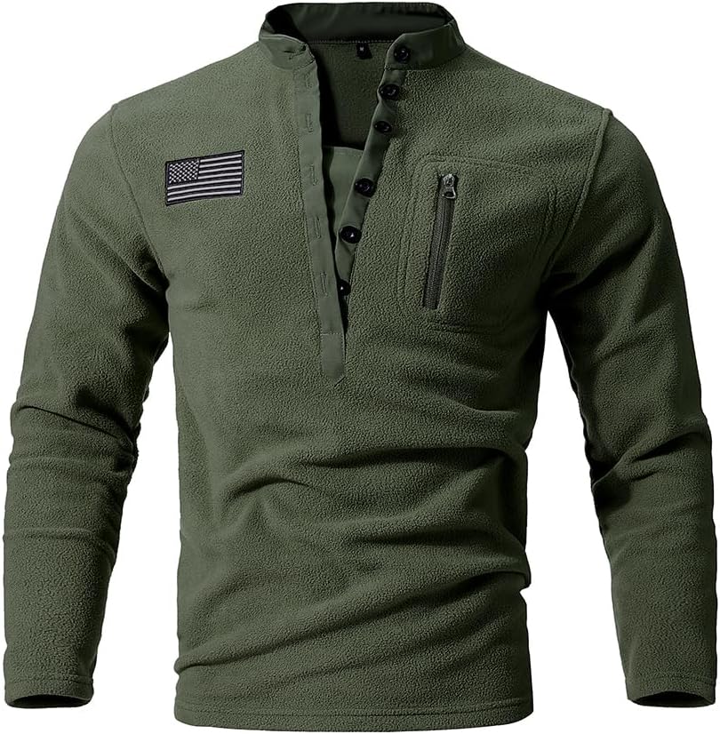 TOMITANY Men’s Fleece Sweatshirts Long Sleeve Button Up Tactical Shirts American Flag Printed Henley Shirts Patriotic Shirt - Image 2