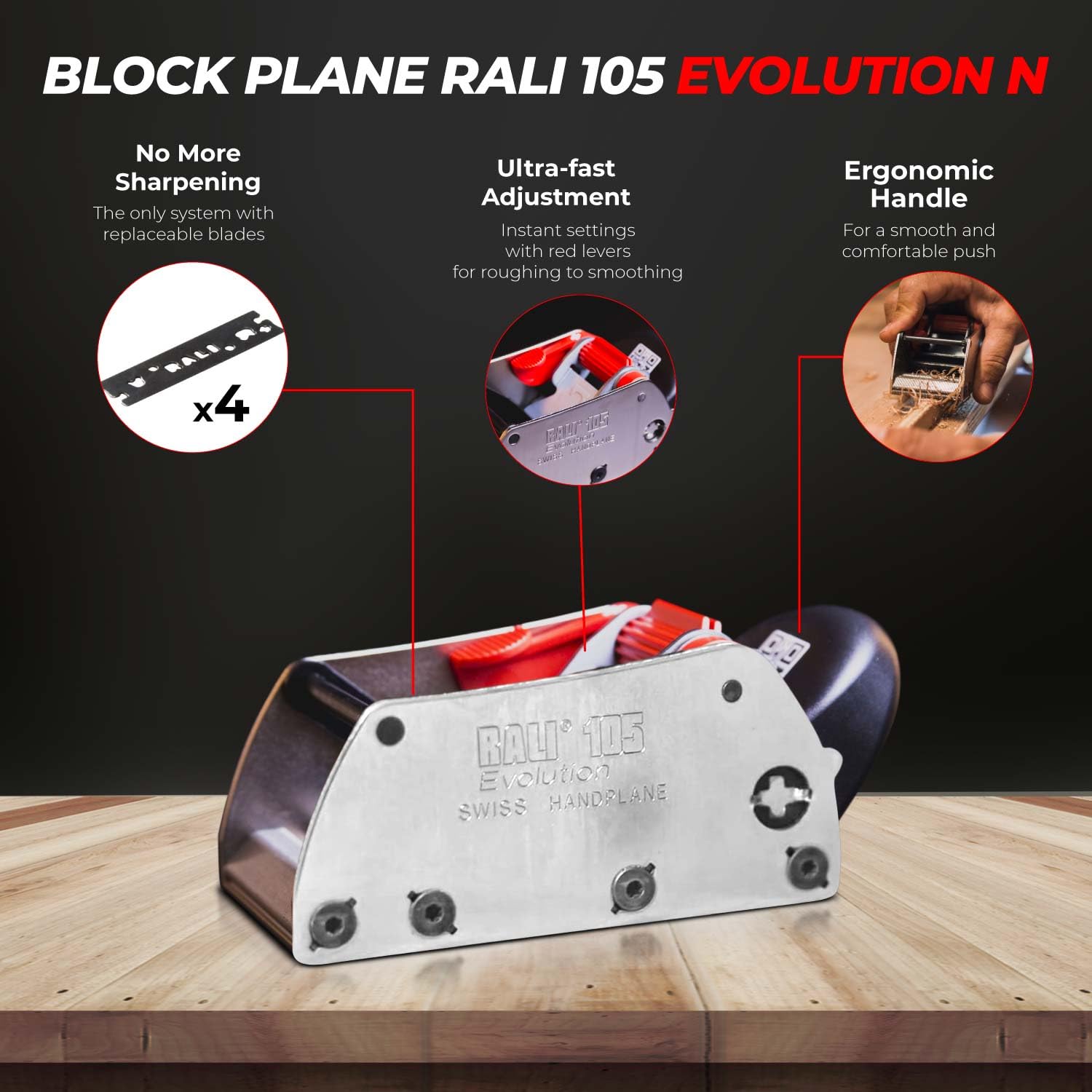 RALI 105 EVOLUTION N Bezostrzeniowa strugarka dłoni z 4 odwracalnymi ostrzami