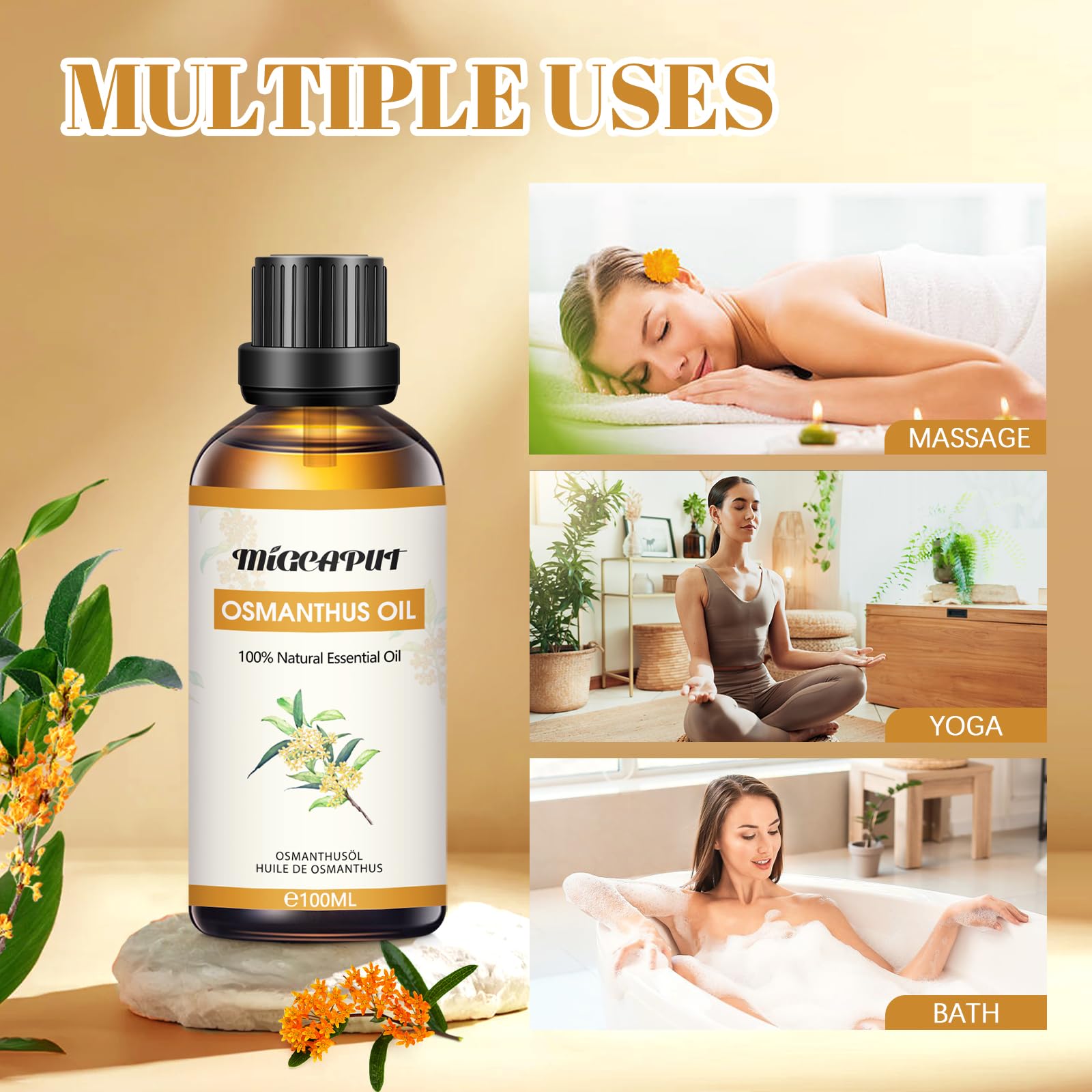 MIGCAPUT Olejek Eteryczny Osmanthus Fragrans 100ML, Naturalny Olejki Aromaterapeutyczny, Olejek Zapachowy Premium do Dyfuzora, SPA, Masażu, Ręcznie Robione Mydło, Ręcznie Robione Świece