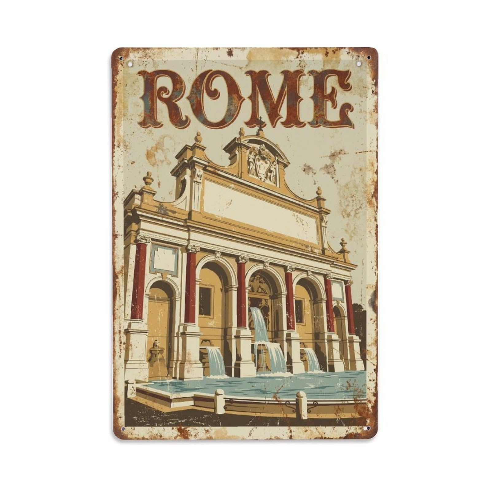 Vintage Travel Rome Gianicolo Water Fountain Acqua Paola Rusted Italy Metal Tin Sign Plaque Wall Decor for Cafe, Club Bar, Office, Home Garden Metal Poster 8x12Inch