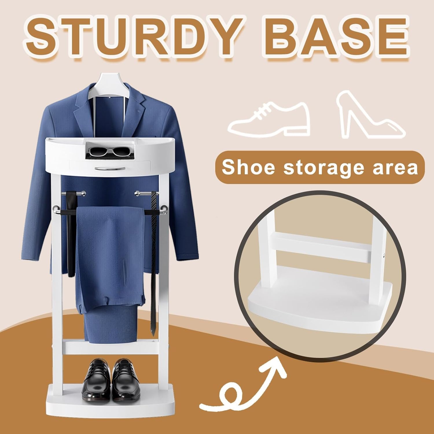 Standing Suit Valet Stand with Drawer, Space-Saving Standing Suit Valet Stand, Multi-Functional Coat Stand for Home, Entryway, Living Room, Bedroom, Office