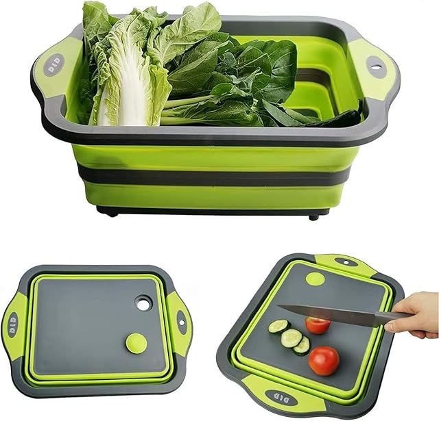 Upgrade D L D Green Collapsible Cutting Board with Colander, Multifunction Silicone Folding Chopping Board Dish Tub Basin Food Strainer Storage Basket, Draining & Washing Vegetables Fruits Pasta