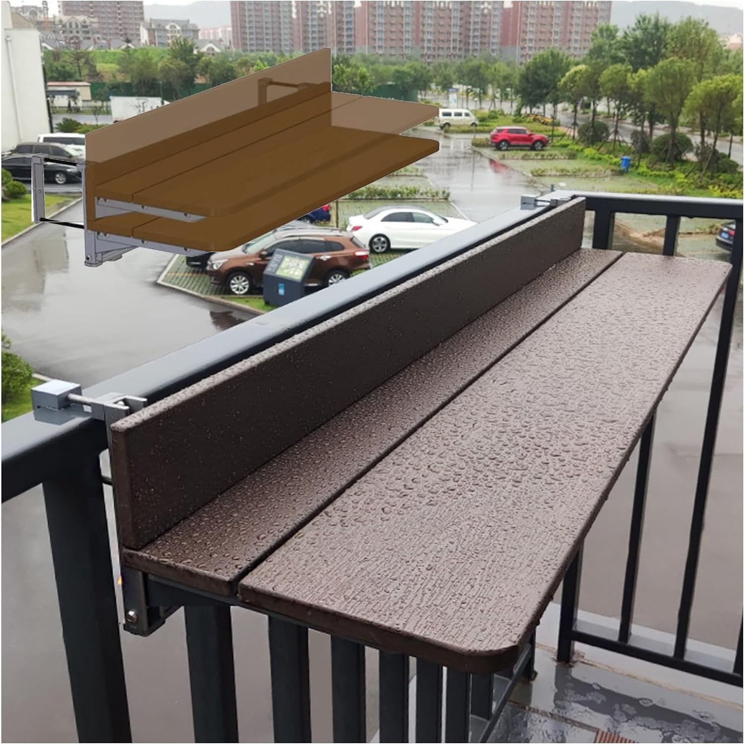 Outdoor Folding Balcony Railing Table, Folding Deck Railing Table, Adjustable Height, Small Folding Serving Table, Patio bar Table, Durable Composite Tabletop(W27xL80CM/W10.6xL31.5IN)