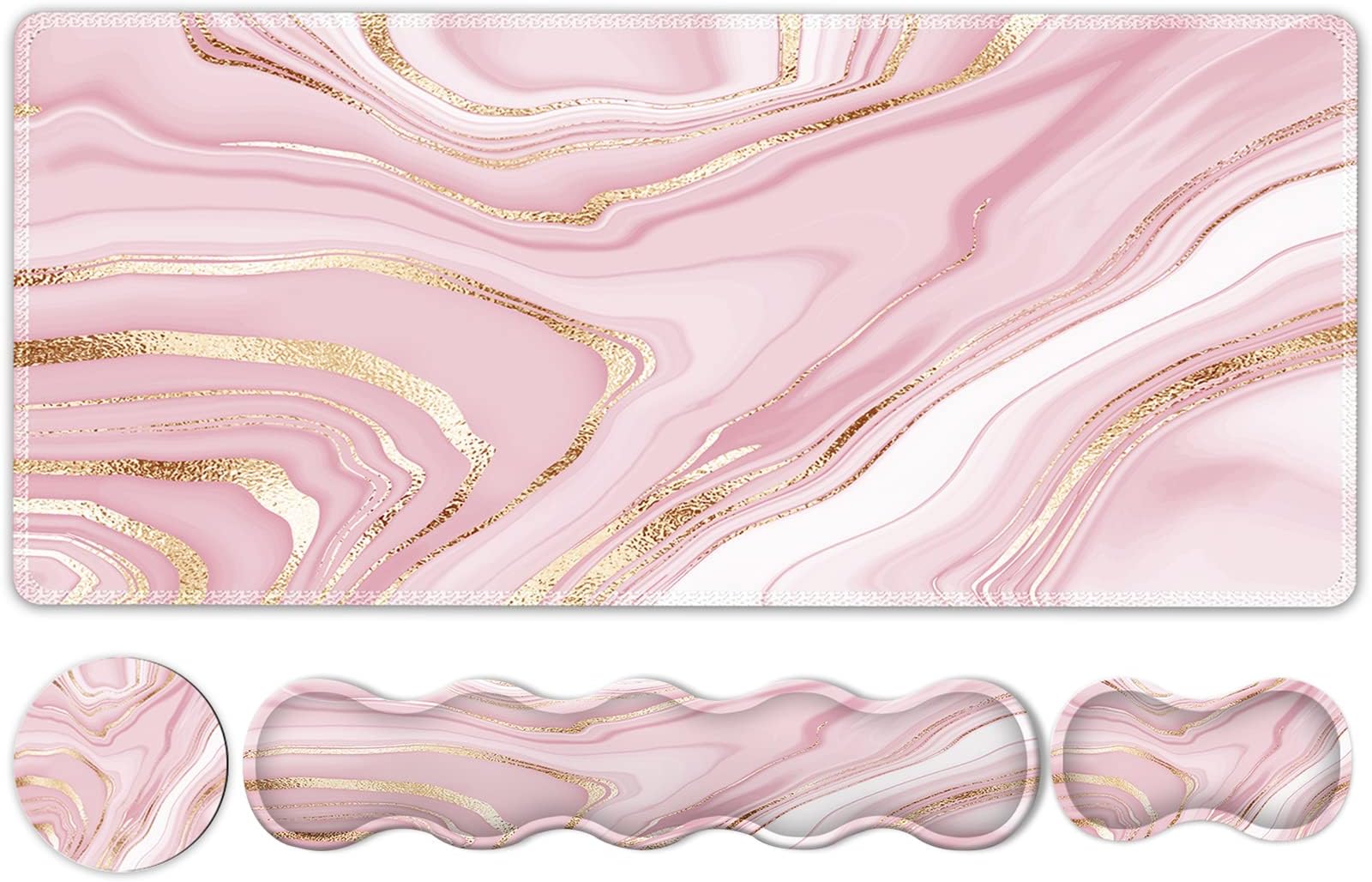 HAOCOO Keyboard Mouse Pad Set, Large Gaming Mouse Pad + Keyboard Wrist Rest + Mouse Pad with Wrist Support + Coaster, Easy Typing Pain Relief, 35.4x15.7in Desk Mat for Home Office, Pink Gold