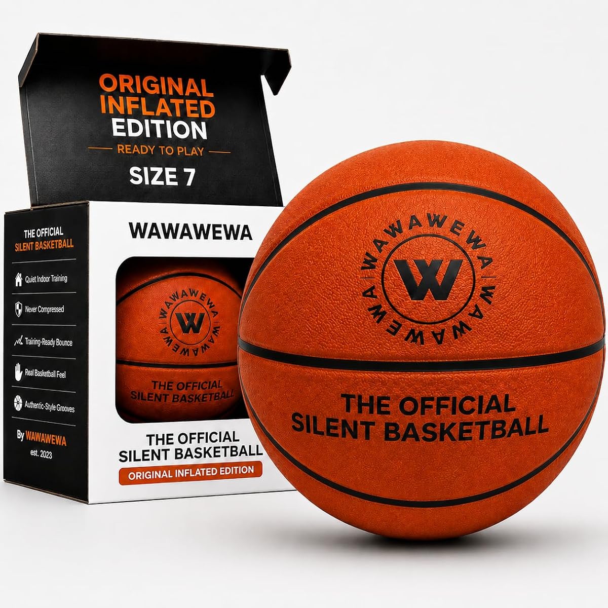 WAWAWEWA El balón de baloncesto silencioso oficial tamaño 7 (29,5") listo sin comprimir | Se envía completamente inflado y listo para jugar, sin compresión, espuma de PU sin aire ranurada, entrenamiento interior silencioso, modelo original