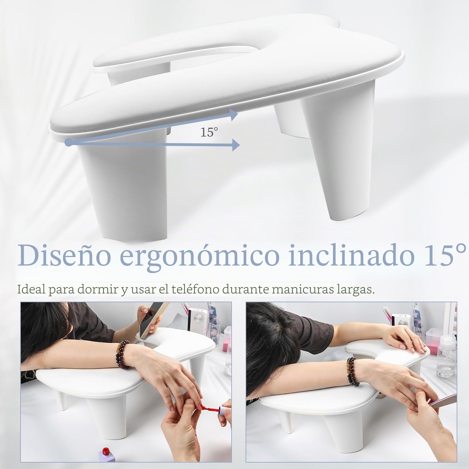 Reposabrazos para uñas Tech: Reposabrazos para manicura en forma de U, reposabrazos grande blanco de microfibra de piel sintética para cojín de uñas acrílico