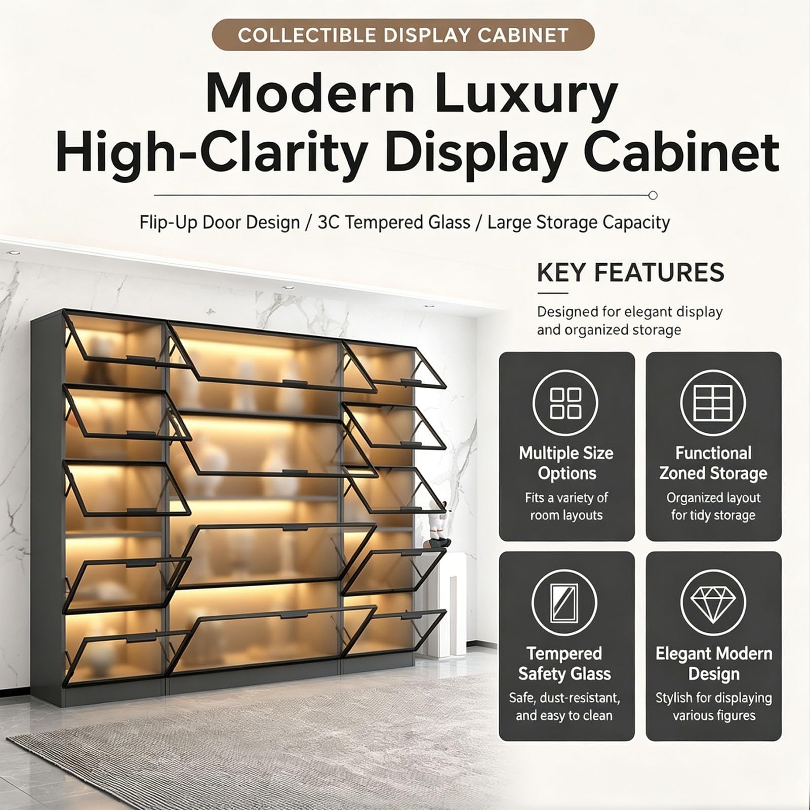 Vitrina expositora de vidrio templado con puertas abatibles y luz LED, mueble almacén de 4 estantes para figuras de acción, modelos y decoración del hogar(Black Frame Gray Body,80cm)