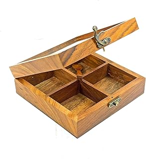 Wooden Spice Box | Masala Box | Dry Fruit Container-Handcrafted with Indian Rosewood with 4 Large Non-Detachable Containers for Kitchen Use