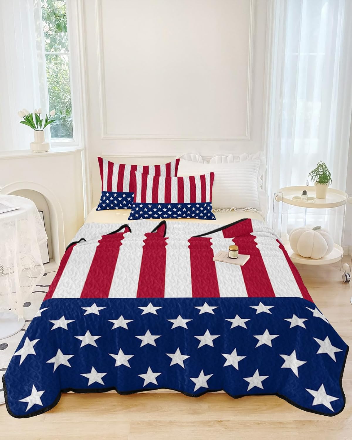 King Size Quilt Set, Red Stripes and Stars American Flag Independence Day Lightweight Bedspread Coverlet Set Summer Quilt with 2 Pillow Shams, Pentagram on Blue 3 Piece Comforter Bedding Set