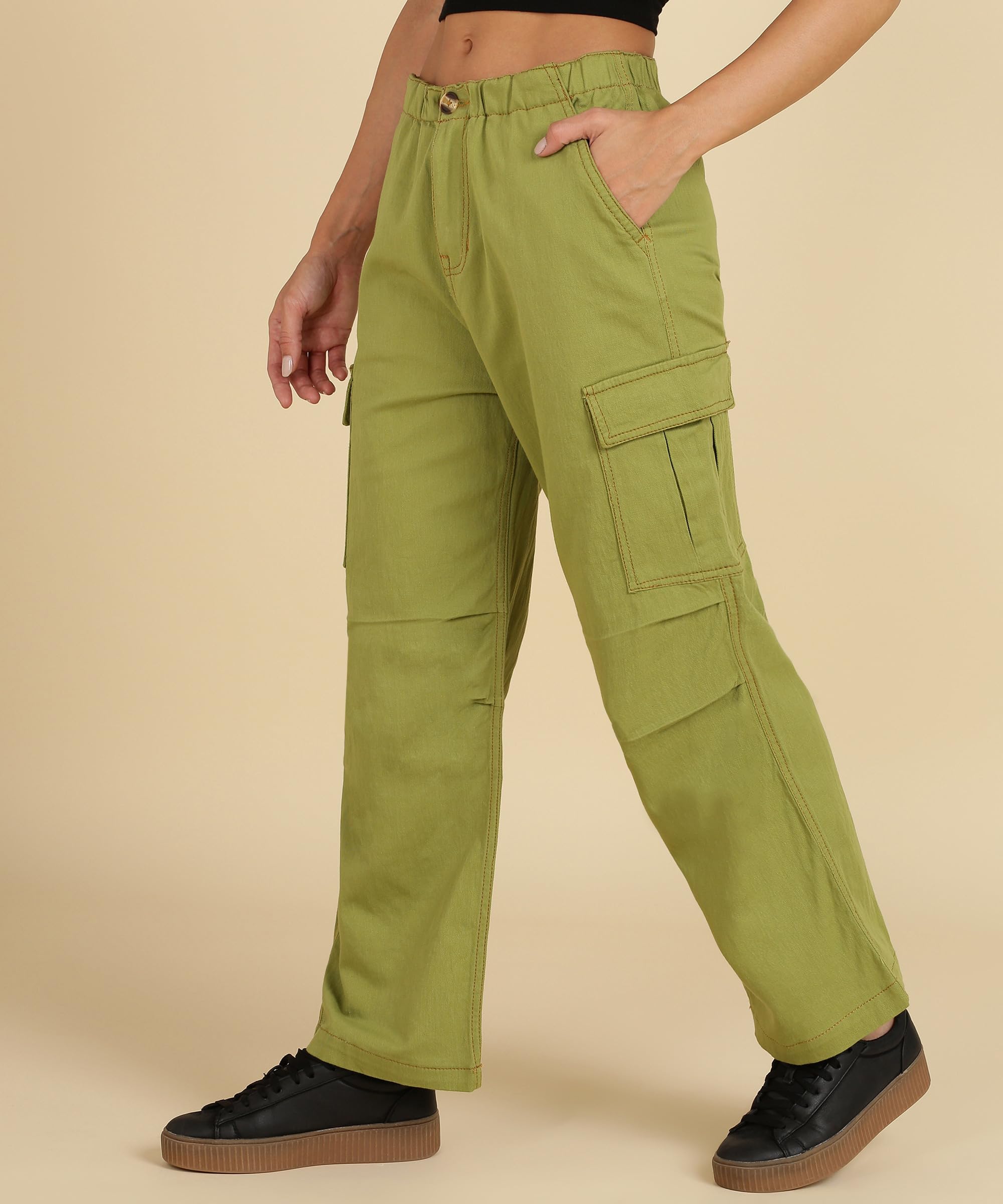 montrez Women's Comfortable Relaxed Fit Mid Rise Cargos (Green)-picture-11