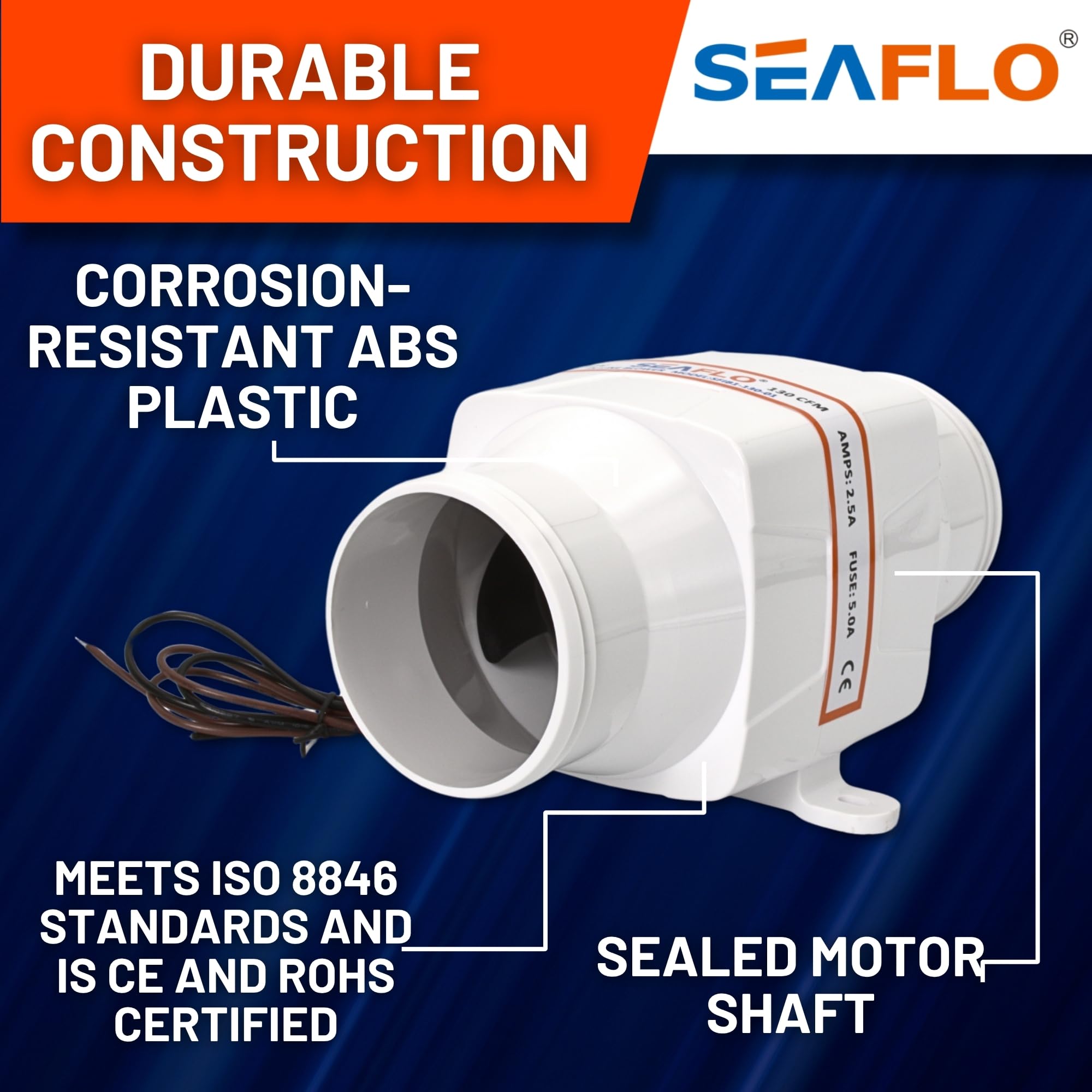 SEAFLO Soffiatore di sentina marina in linea, 3 pollici, 12 V, 130 CFM, barca silenziosa, colore: bianco