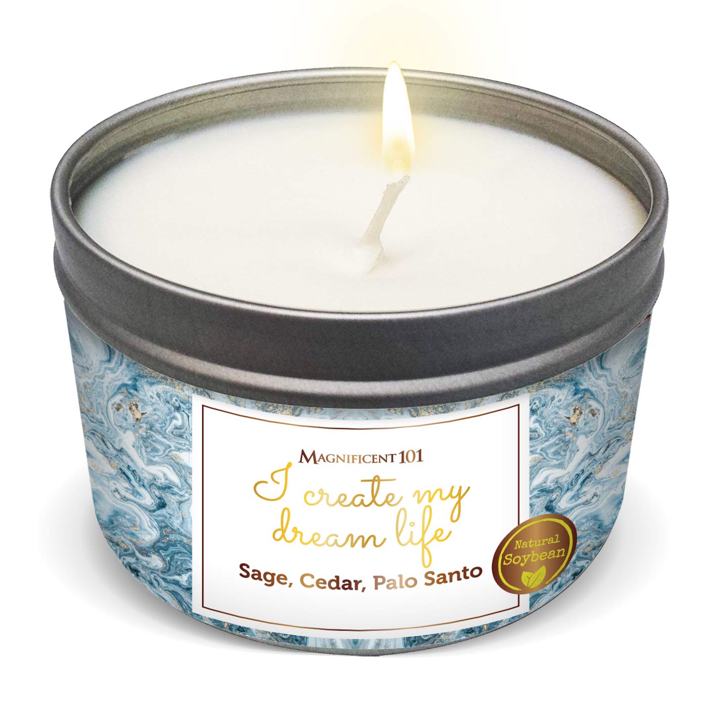 MAGNIFICENT 101Affirmations Sage, Cedar, Palo Santo, Sprinkle of sage Leaves Smudge Candle for House Energy Cleansing, Banishes Negative Energy - Natural Soy Wax Tin Candle (I Create My Dream Life)
