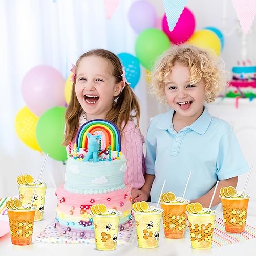 Miniatura 6 de Sliner 50 vasos de plástico para fiesta de abejas con pajitas de 12 onzas, vasos de abeja transparentes de abeja desechables, vasos para beber