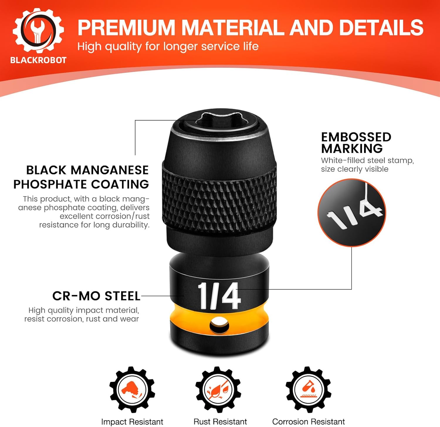 BLACKROBOT Quick Release Impact Bit Holders 1/4-Inch Square Drive to 1/4-Inch Hex Socket Adapter, CR-MO Steel, Embossed Size Marking