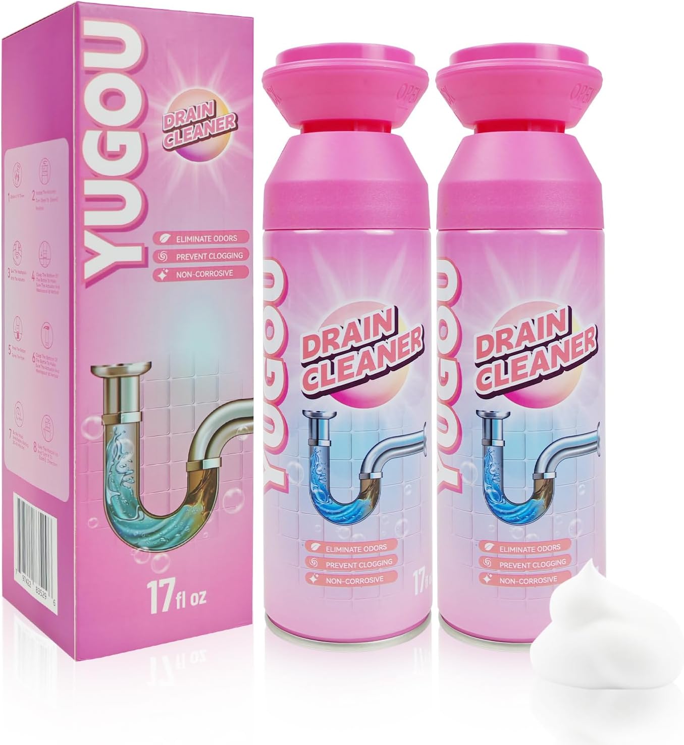 Product image of Foaming Drain Cleaner, Sink Cleaner and Deodorizer, Drain Clog Remover for Kitchen Sinks, Shower Drains, Tubs (2pcs)