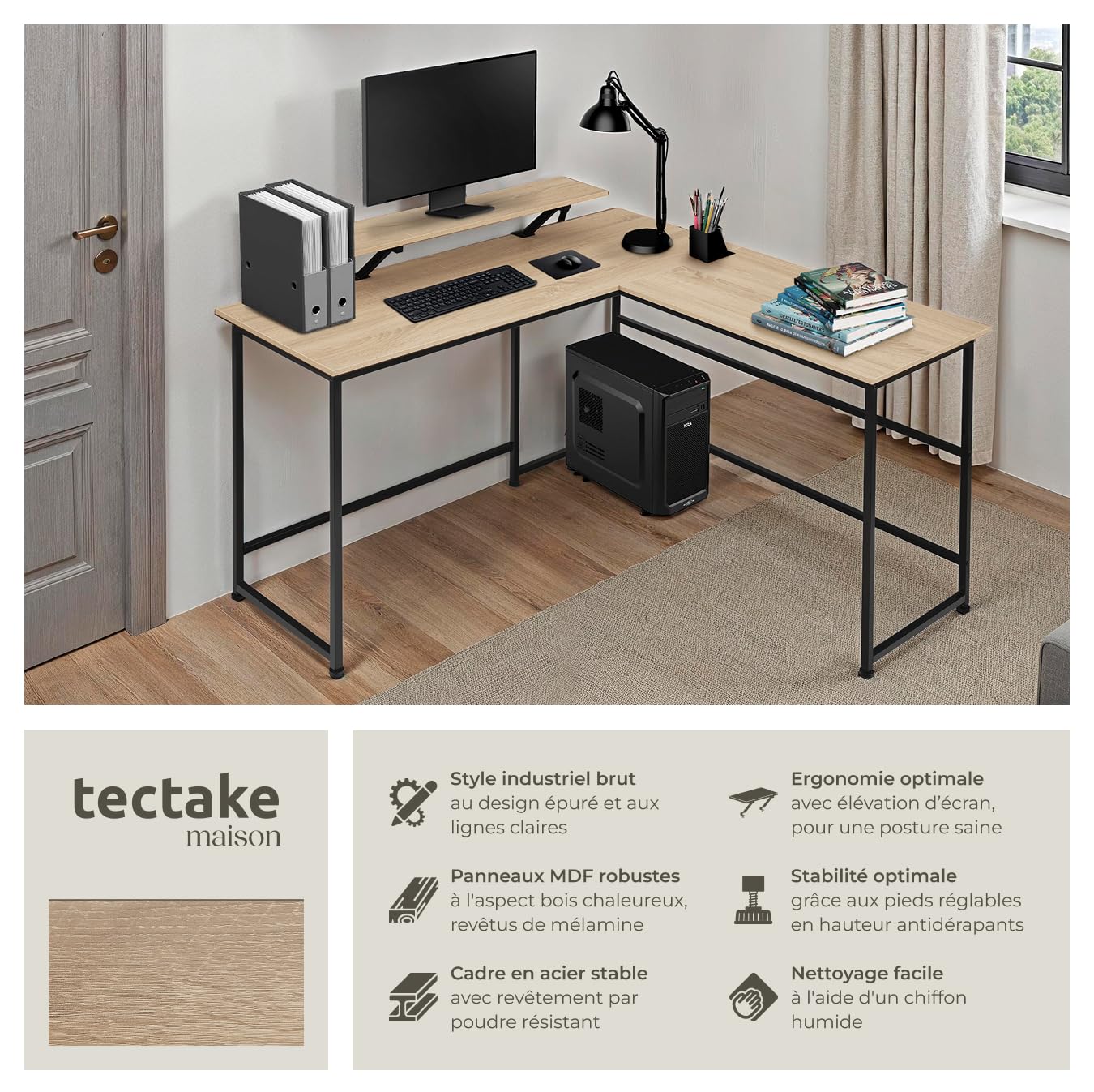 tectake® Bureau d'angle 140 x 130 x 76,5 cm, Support écran Coulissant, Table de Bureau Style Industriel Bureaux Ordinateur Meuble pc Meuble Ordinateur Table de Travail Teletravail Gaming, Bois Clair